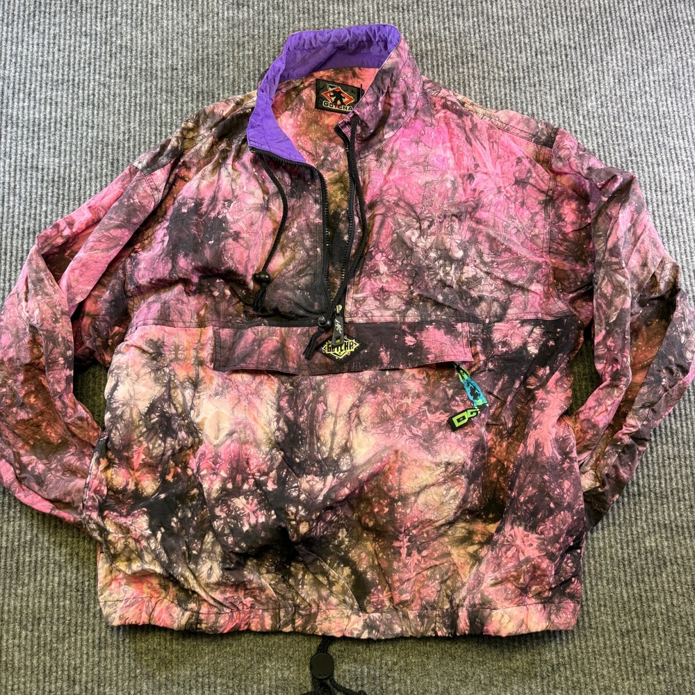 Gotcha Windbreaker Jacket Size M Pink Black Acid Wash Tie Dye 100% Nylon Vintage